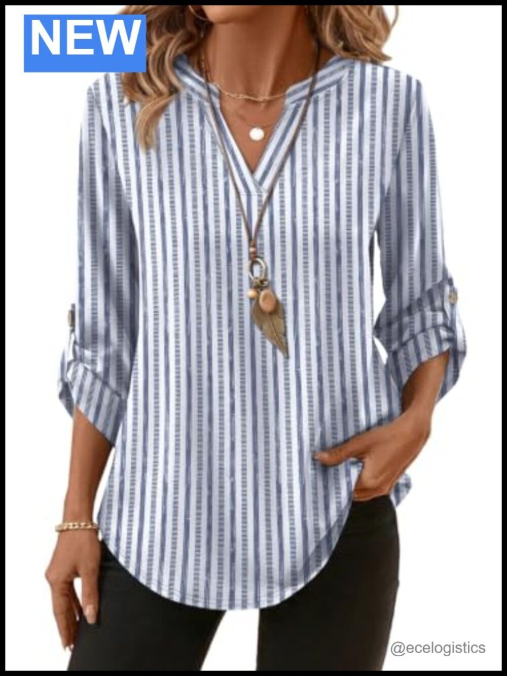 3/4 Sleeve V Neck Blouse with Side Buttons Business Casual Top